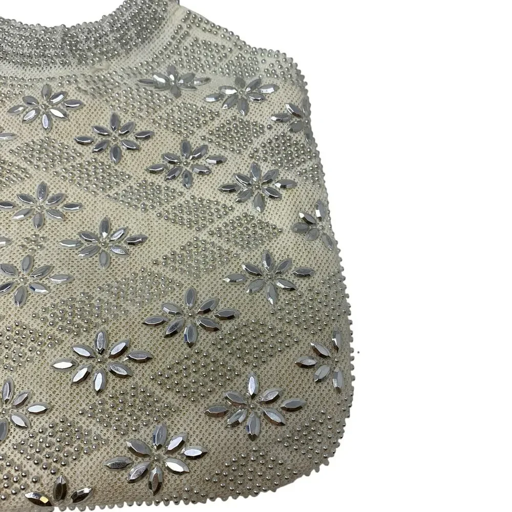 Vintage Y2K White Beaded Rhinestone Evening Bag Silver Chain Bridal Purse Glam